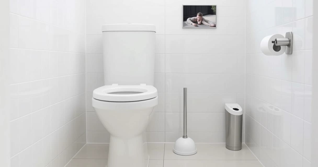 Banheiro com vaso sanitário e desentupidor de borracha ao lado