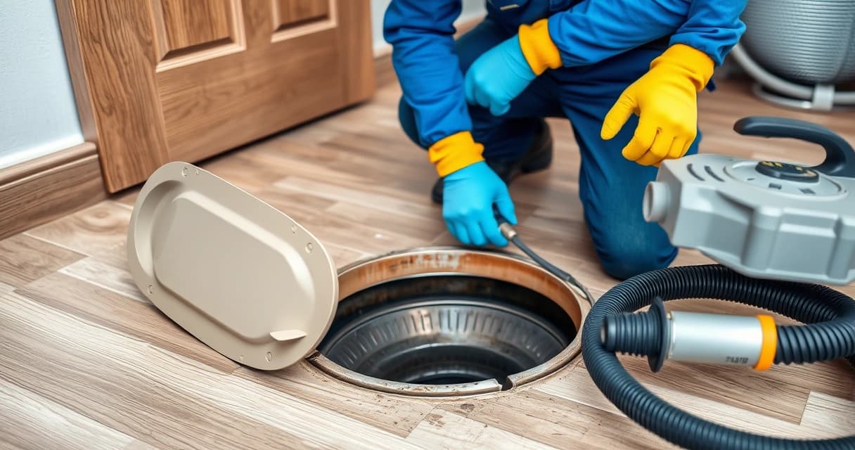 Profissional inspecionando caixa de esgoto aberta durante desentupimento