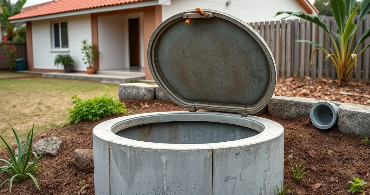 Fossa séptica de concreto com a tampa aberta no quintal de uma residência